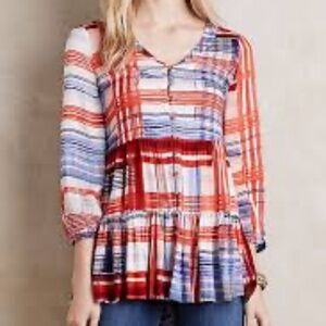 Anthropologie Maeve Blue Red Plaid Boho Tunic Size XS